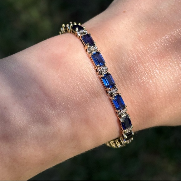 Solid 14k Yellow Gold Sapphire & Diamond Tennis Bracelet - Picture 2 of 16